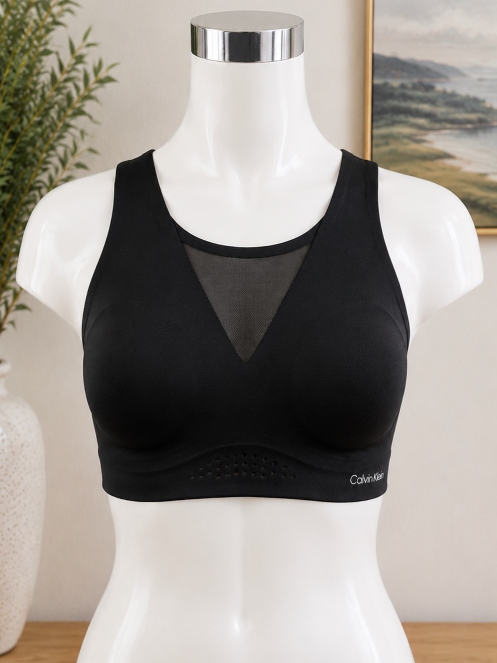 Calvin Klein High Impact Sports Bra M Black Mesh Wireless Padded Yoga Running